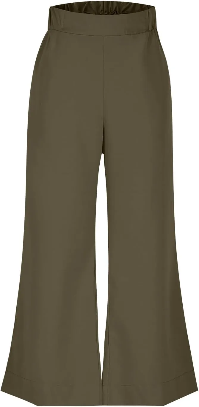 Women Wide Leg Cotton Linen Pants Elastic High Waisted Side Slit Boho Trousers with Pocekts Business Casual Outfits