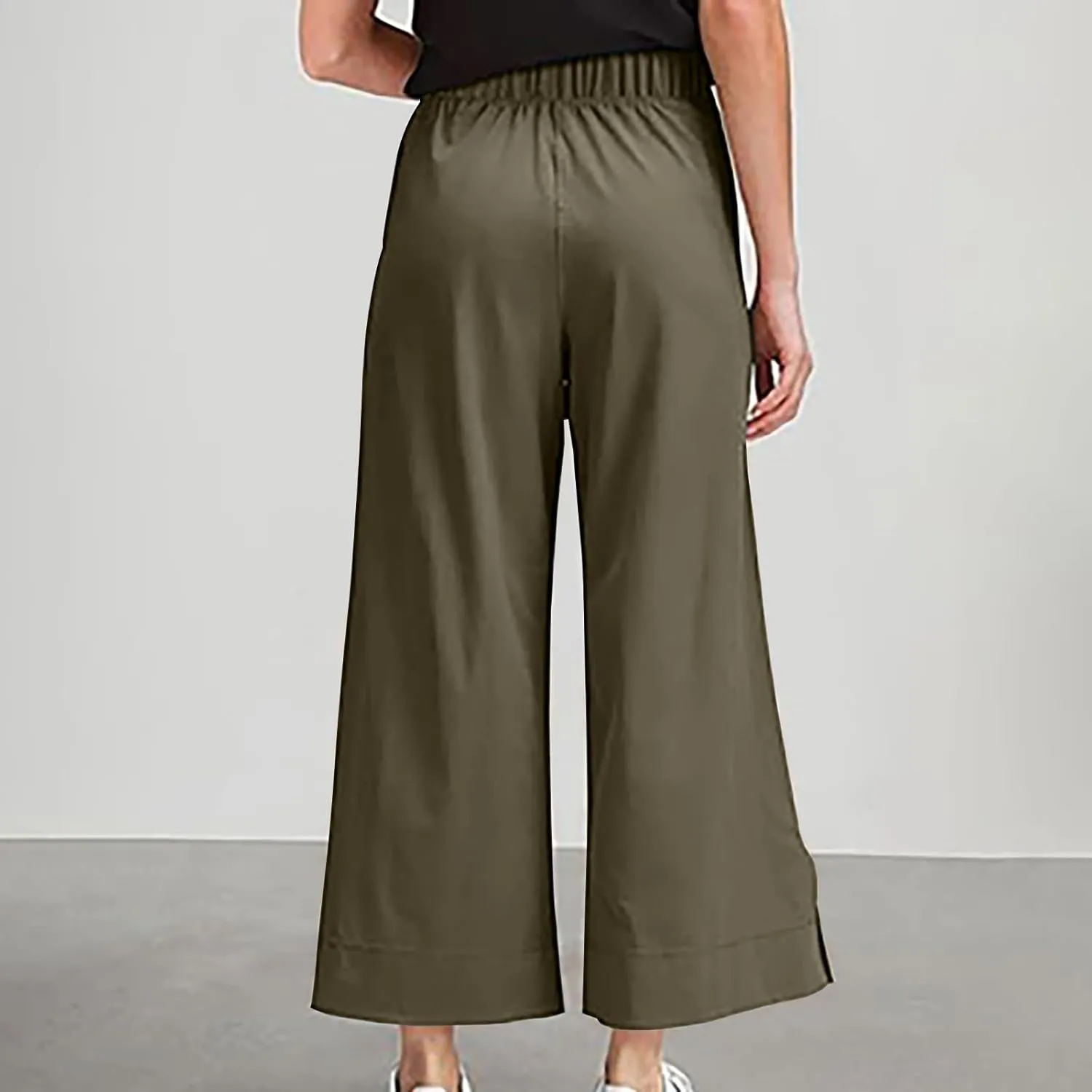 Women Wide Leg Cotton Linen Pants Elastic High Waisted Side Slit Boho Trousers with Pocekts Business Casual Outfits