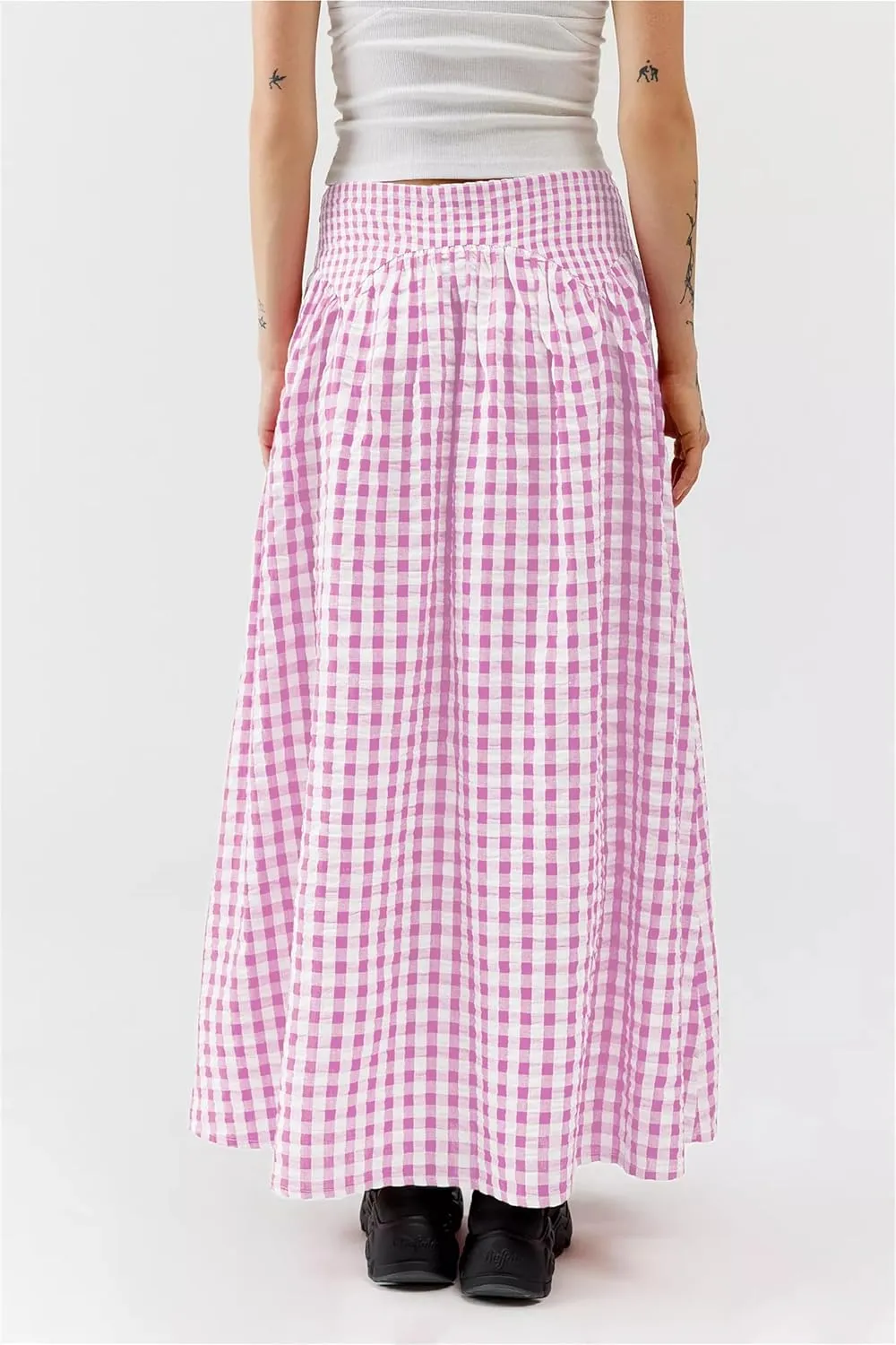 Women Y2K Plaid Maxi Skirt High Waist Gingham Tiered Long Skirt Vintage A-Line Ruffle Flowy Midi Skirt