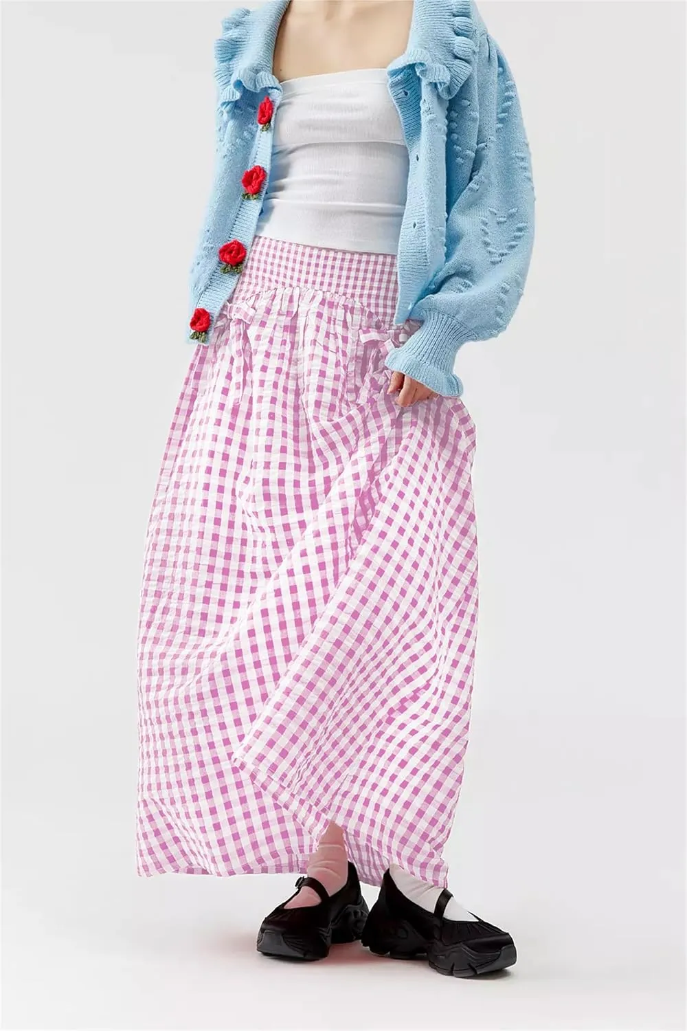 Women Y2K Plaid Maxi Skirt High Waist Gingham Tiered Long Skirt Vintage A-Line Ruffle Flowy Midi Skirt