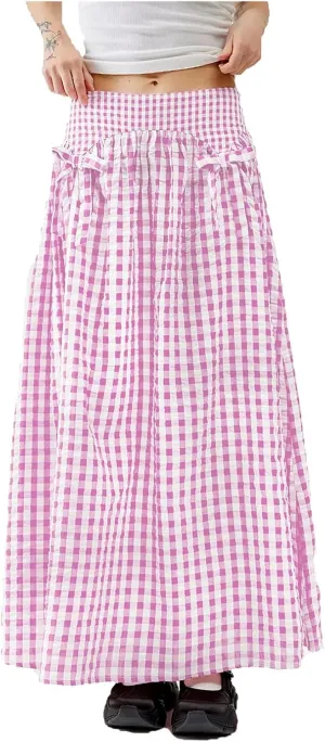 Women Y2K Plaid Maxi Skirt High Waist Gingham Tiered Long Skirt Vintage A-Line Ruffle Flowy Midi Skirt