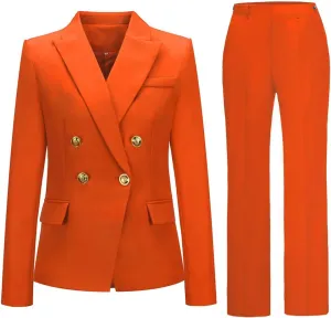 Womens 2 Piece Suits Set Double Breasted Business Office Blazer Jacket Casual Long Sleeve Pant Suit Set