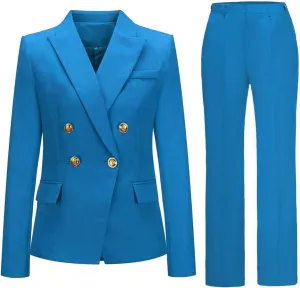 Womens 2 Piece Suits Set Double Breasted Business Office Blazer Jacket Casual Long Sleeve Pant Suit Set
