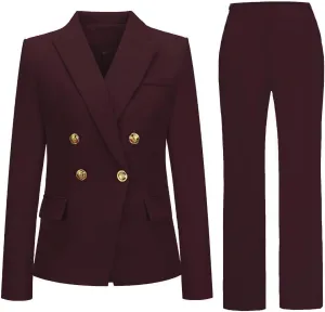 Womens 2 Piece Suits Set Double Breasted Business Office Blazer Jacket Casual Long Sleeve Pant Suit Set