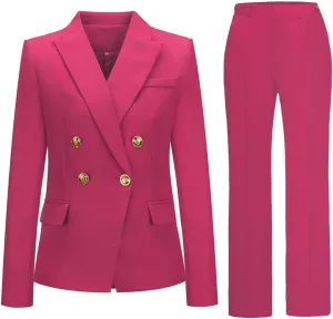 Womens 2 Piece Suits Set Double Breasted Business Office Blazer Jacket Casual Long Sleeve Pant Suit Set