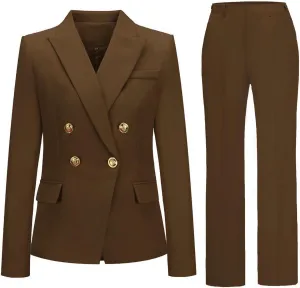 Womens 2 Piece Suits Set Double Breasted Business Office Blazer Jacket Casual Long Sleeve Pant Suit Set