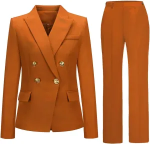 Womens 2 Piece Suits Set Double Breasted Business Office Blazer Jacket Casual Long Sleeve Pant Suit Set