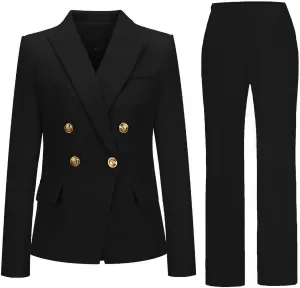 Womens 2 Piece Suits Set Double Breasted Business Office Blazer Jacket Casual Long Sleeve Pant Suit Set