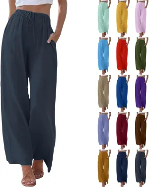 Women's 2025 Summer Linen Palazzo Pants High Waisted Flowy Wide Leg Beach Pants Palazzo Lounge Pant Trousers with Pocket