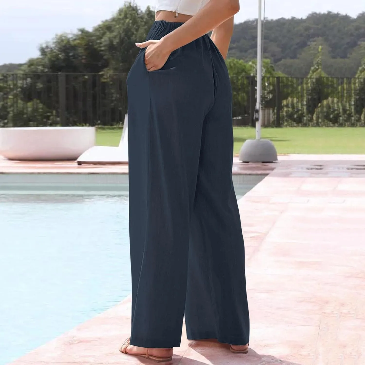 Women's 2025 Summer Linen Palazzo Pants High Waisted Flowy Wide Leg Beach Pants Palazzo Lounge Pant Trousers with Pocket