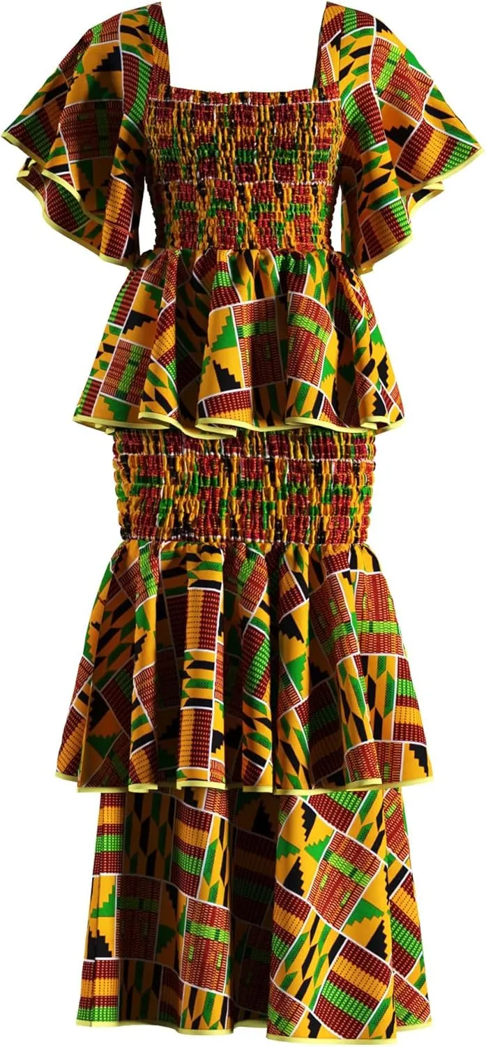 Women's African Print 2 Piece Set Square Neck Top and Long Skirt Elasticity Smocked Outfits Ankara Party Dress