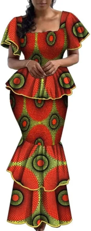 Women's African Print 2 Piece Set Square Neck Top and Long Skirt Elasticity Smocked Outfits Ankara Party Dress