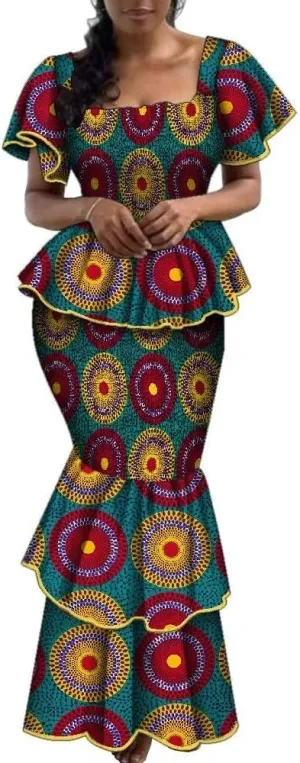 Women's African Print 2 Piece Set Square Neck Top and Long Skirt Elasticity Smocked Outfits Ankara Party Dress