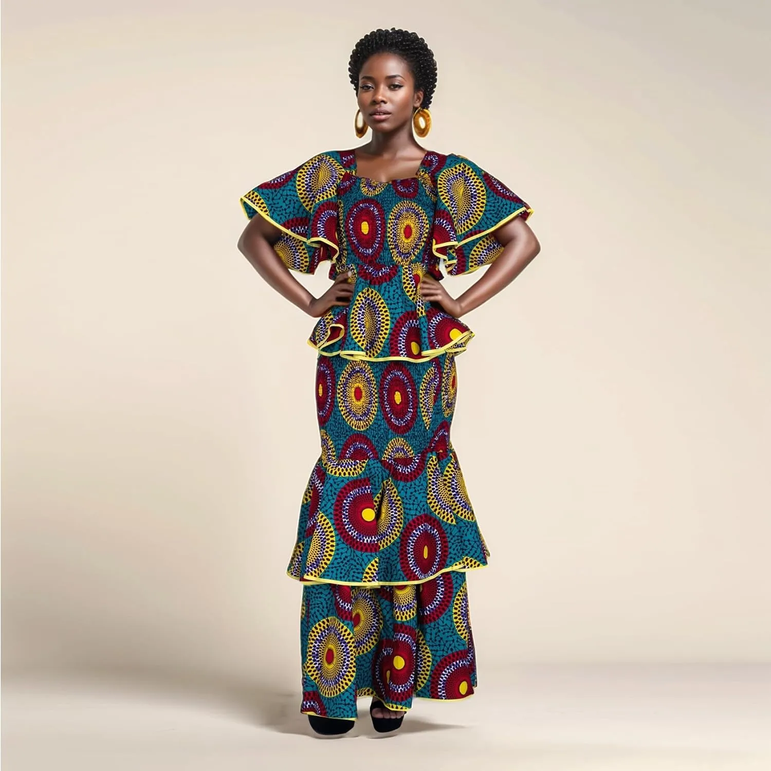 Women's African Print 2 Piece Set Square Neck Top and Long Skirt Elasticity Smocked Outfits Ankara Party Dress