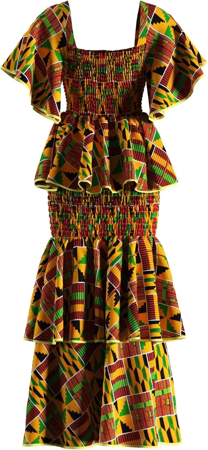 Women's African Print 2 Piece Set Square Neck Top and Long Skirt Elasticity Smocked Outfits Ankara Party Dress