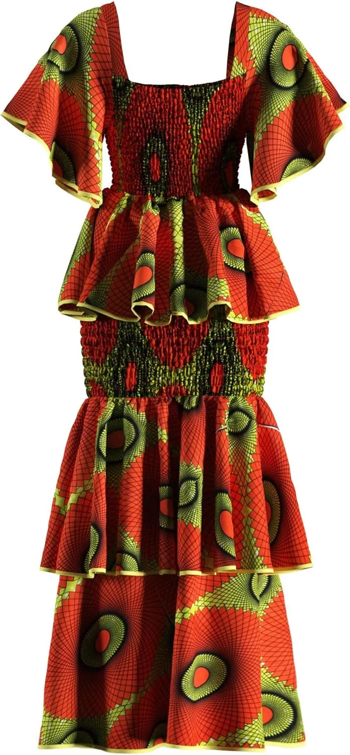 Women's African Print 2 Piece Set Square Neck Top and Long Skirt Elasticity Smocked Outfits Ankara Party Dress