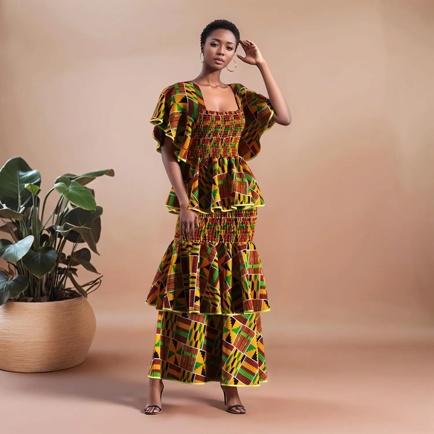 Women's African Print 2 Piece Set Square Neck Top and Long Skirt Elasticity Smocked Outfits Ankara Party Dress
