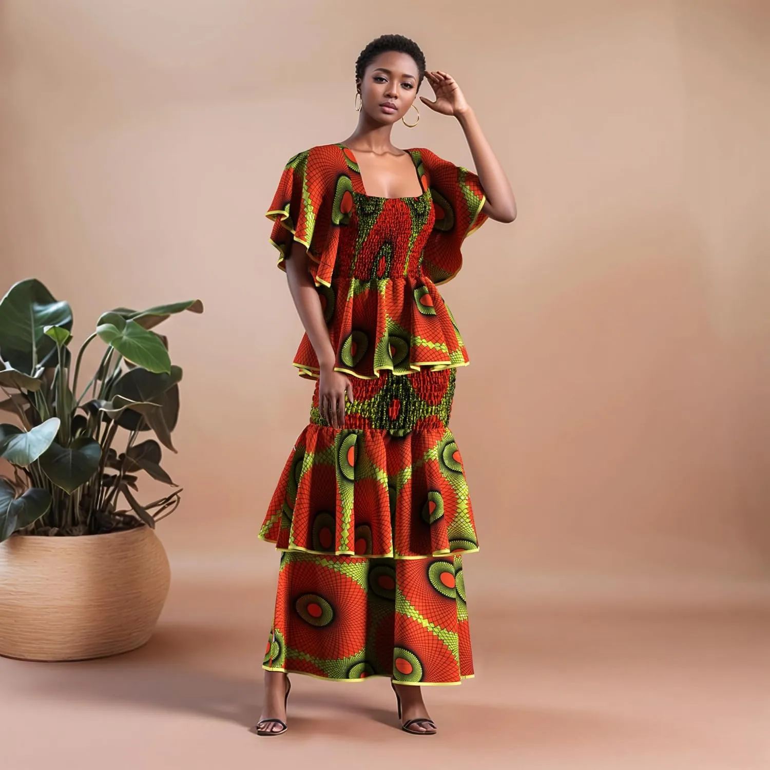 Women's African Print 2 Piece Set Square Neck Top and Long Skirt Elasticity Smocked Outfits Ankara Party Dress