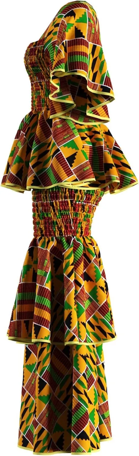 Women's African Print 2 Piece Set Square Neck Top and Long Skirt Elasticity Smocked Outfits Ankara Party Dress