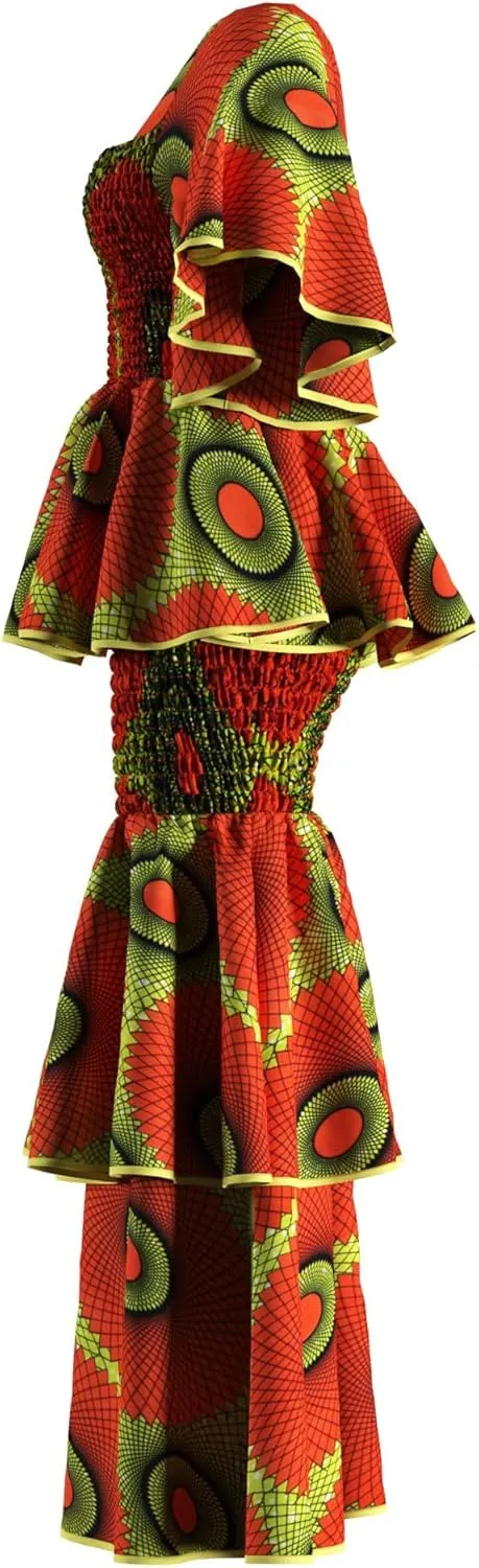 Women's African Print 2 Piece Set Square Neck Top and Long Skirt Elasticity Smocked Outfits Ankara Party Dress