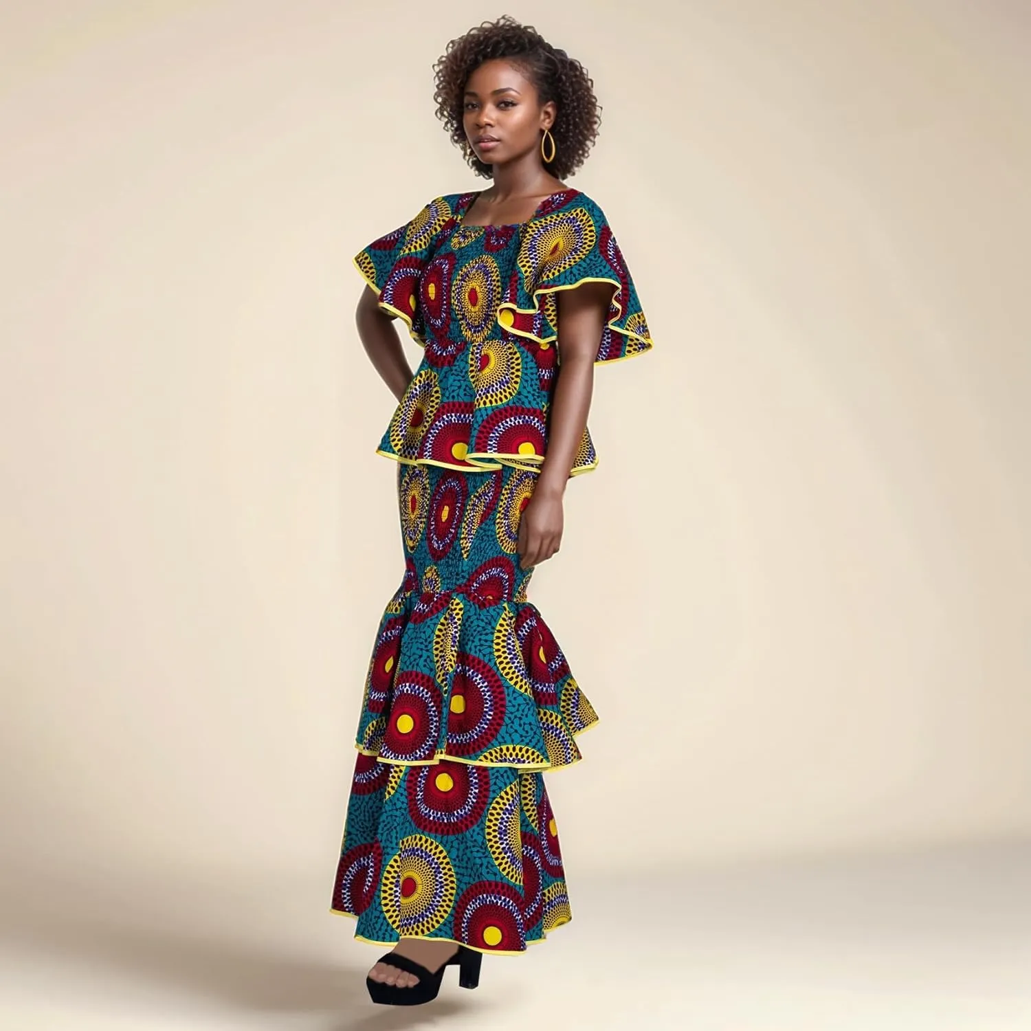 Women's African Print 2 Piece Set Square Neck Top and Long Skirt Elasticity Smocked Outfits Ankara Party Dress