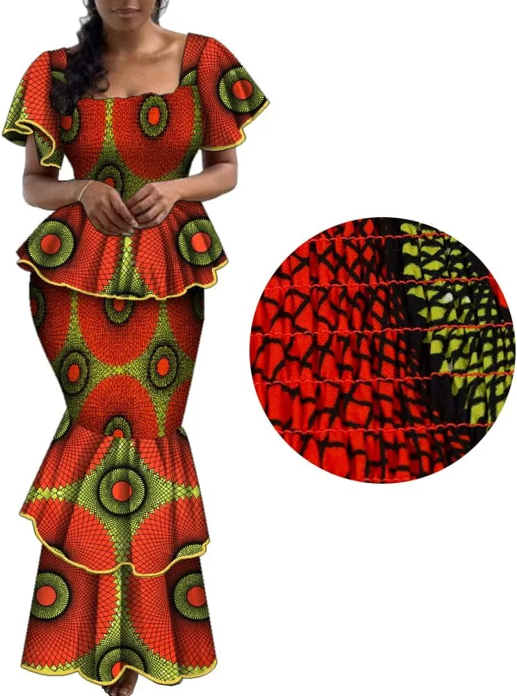 Women's African Print 2 Piece Set Square Neck Top and Long Skirt Elasticity Smocked Outfits Ankara Party Dress