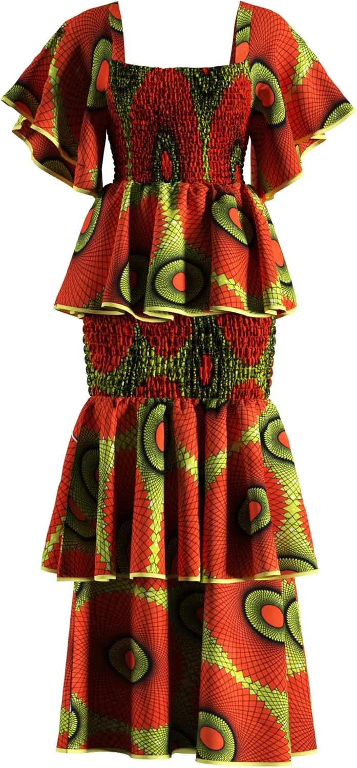 Women's African Print 2 Piece Set Square Neck Top and Long Skirt Elasticity Smocked Outfits Ankara Party Dress