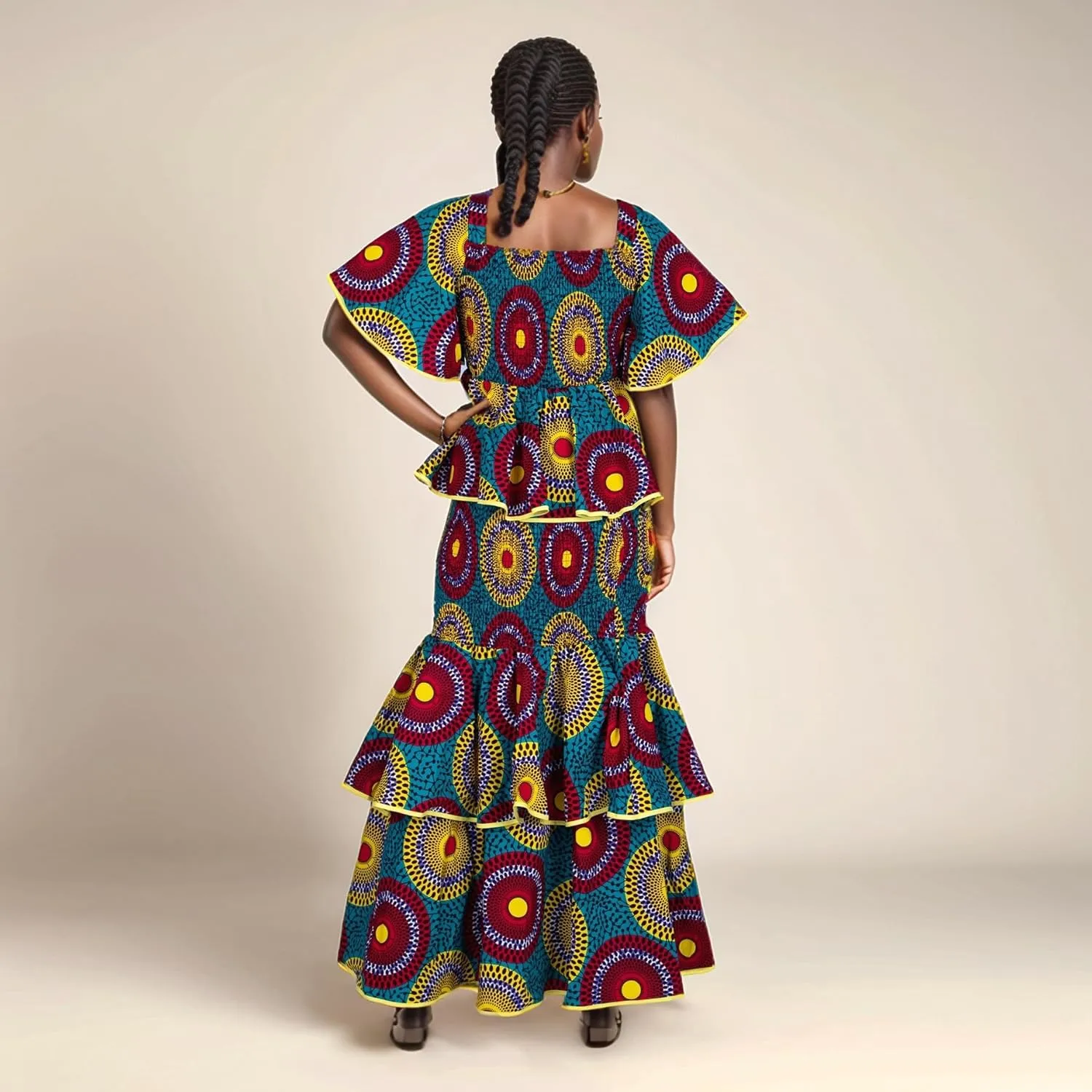 Women's African Print 2 Piece Set Square Neck Top and Long Skirt Elasticity Smocked Outfits Ankara Party Dress