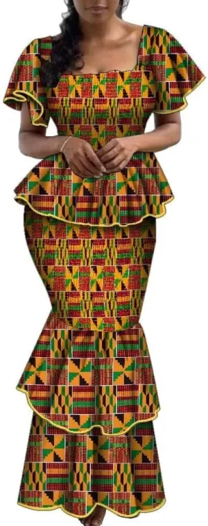 Women's African Print 2 Piece Set Square Neck Top and Long Skirt Elasticity Smocked Outfits Ankara Party Dress
