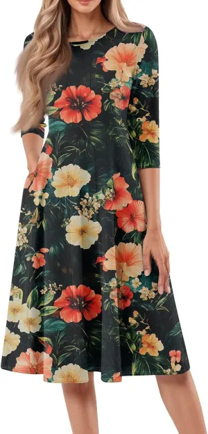 Womens Beach Vacation Dress Trendy 3/4 Sleeve Floral Print A Line Crew Neck Casual Flowy Midi Sundresses with Pocket