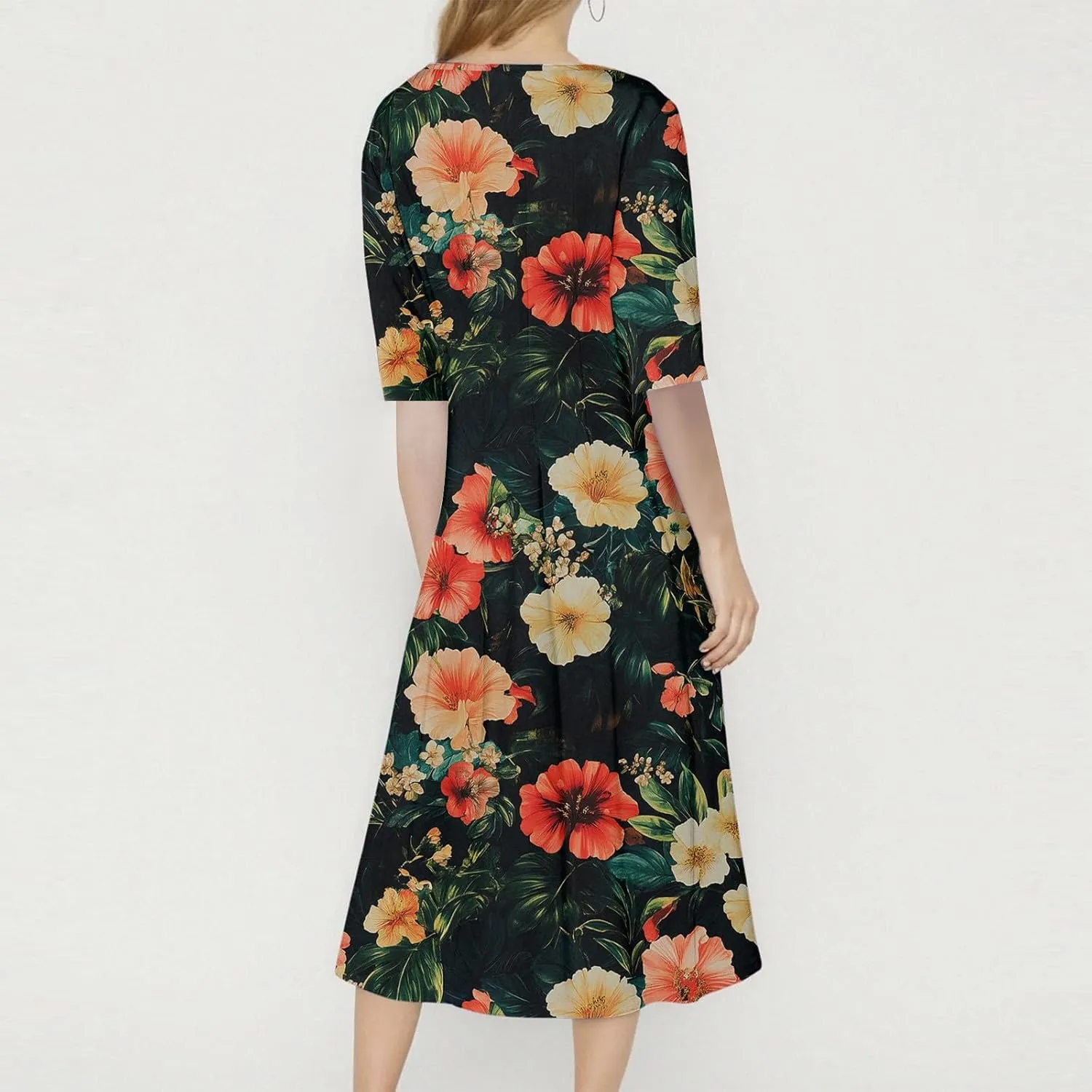 Womens Beach Vacation Dress Trendy 3/4 Sleeve Floral Print A Line Crew Neck Casual Flowy Midi Sundresses with Pocket