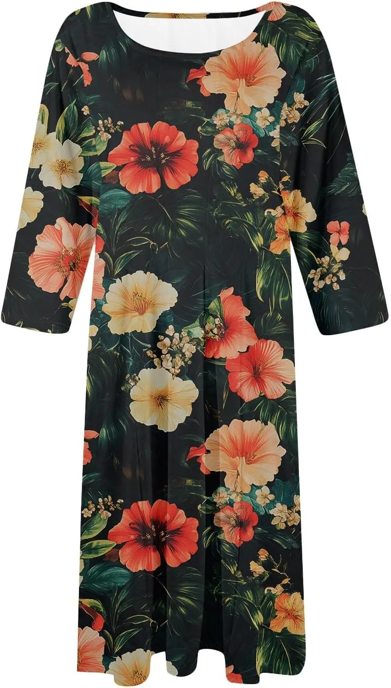 Womens Beach Vacation Dress Trendy 3/4 Sleeve Floral Print A Line Crew Neck Casual Flowy Midi Sundresses with Pocket