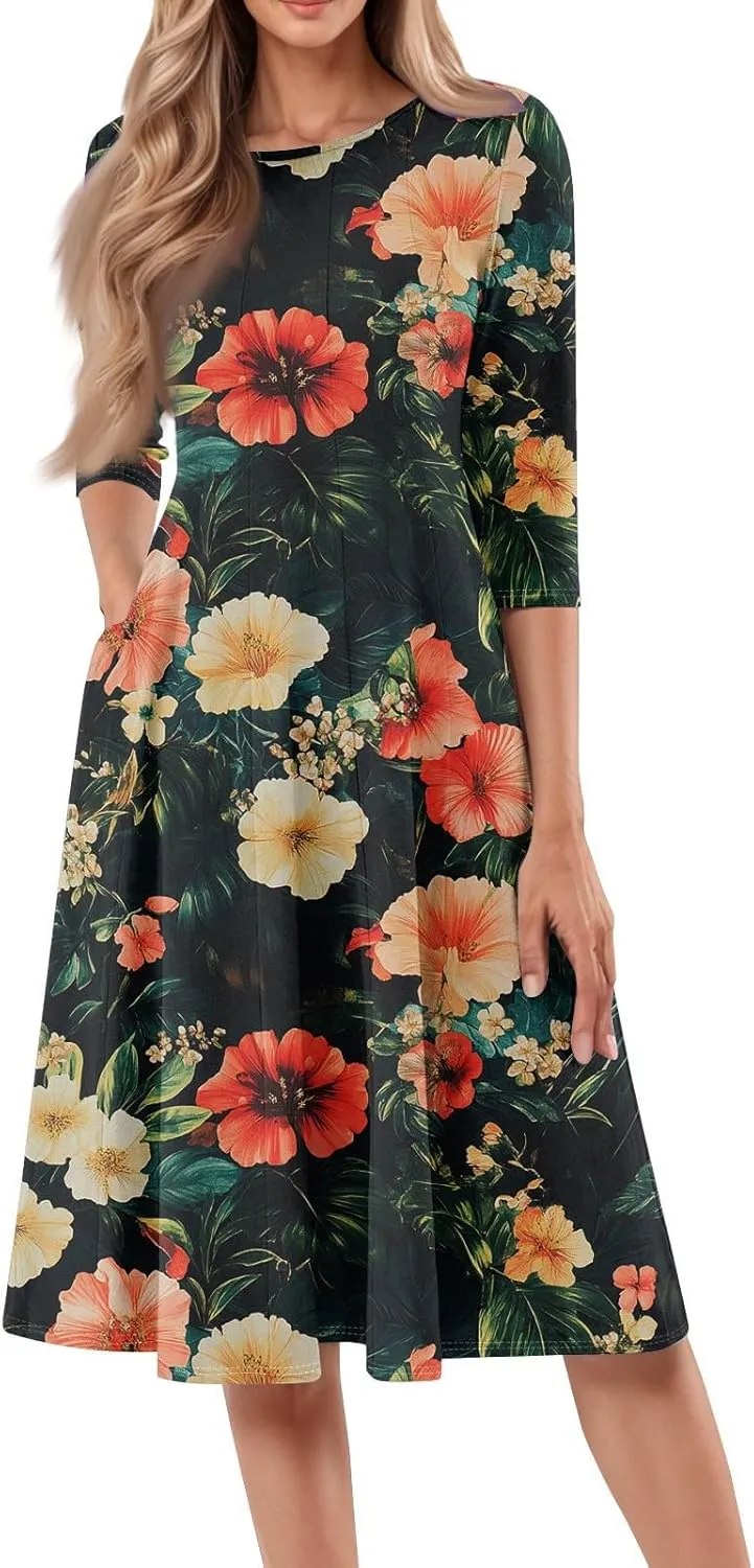 Womens Beach Vacation Dress Trendy 3/4 Sleeve Floral Print A Line Crew Neck Casual Flowy Midi Sundresses with Pocket