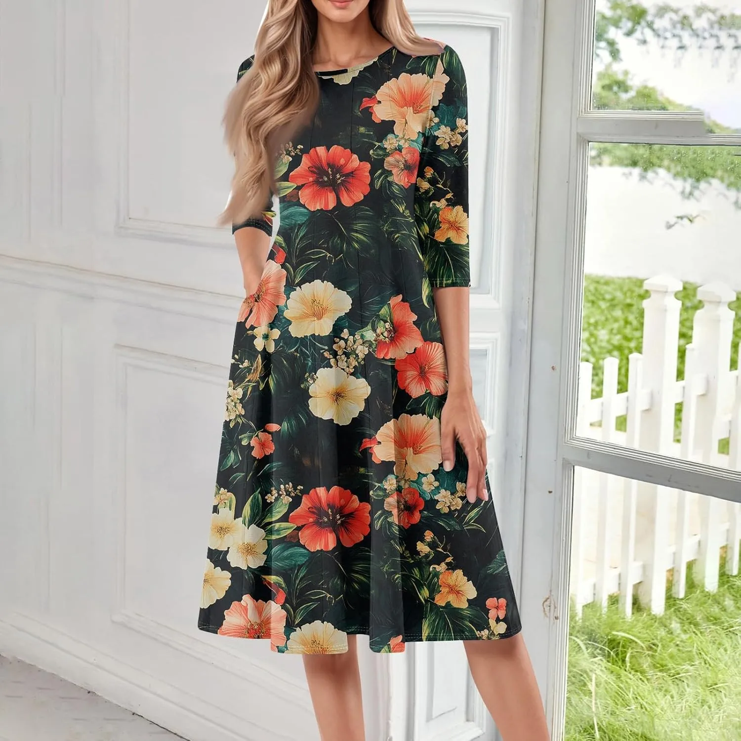 Womens Beach Vacation Dress Trendy 3/4 Sleeve Floral Print A Line Crew Neck Casual Flowy Midi Sundresses with Pocket
