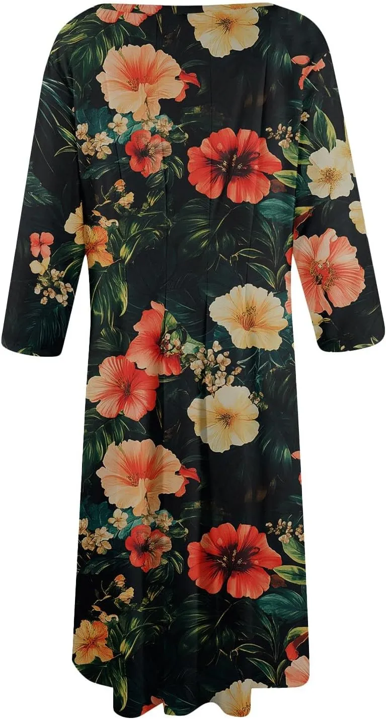 Womens Beach Vacation Dress Trendy 3/4 Sleeve Floral Print A Line Crew Neck Casual Flowy Midi Sundresses with Pocket