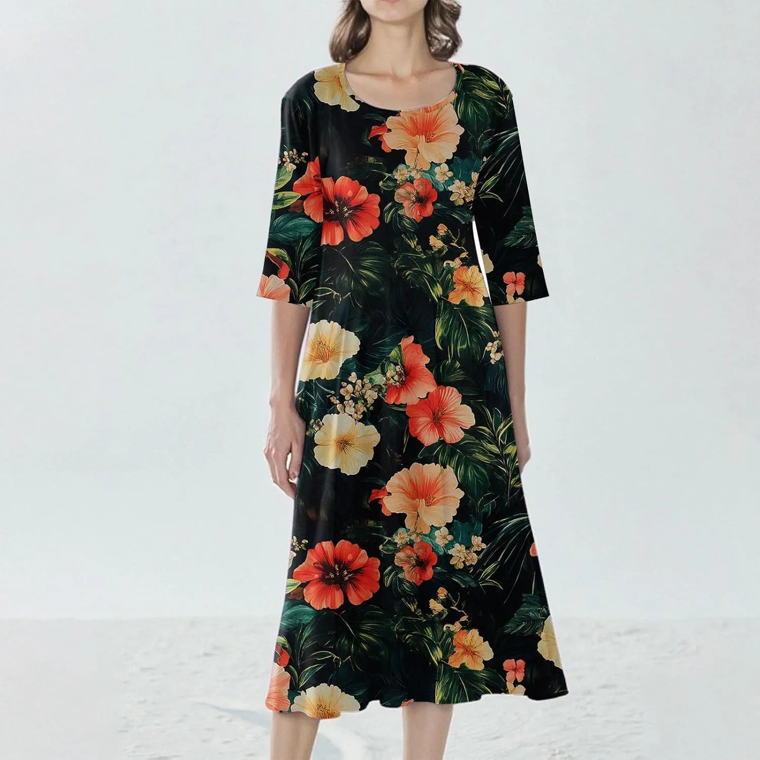 Womens Beach Vacation Dress Trendy 3/4 Sleeve Floral Print A Line Crew Neck Casual Flowy Midi Sundresses with Pocket