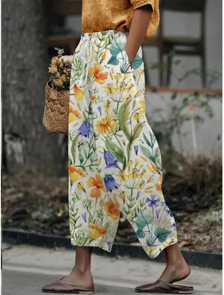 Womens Boho Floral Cotton Linen Pants Summer Casual High Elastic Waist Capri Pants Print Flowy Beach Pants