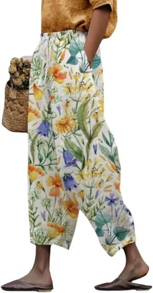 Womens Boho Floral Cotton Linen Pants Summer Casual High Elastic Waist Capri Pants Print Flowy Beach Pants