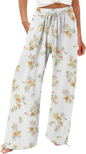 Women's Boho Floral Linen Pants 2025 Summer Boho Wide Leg High Waist Lounge Pant 2025 Beach Travel Vacation Outfits