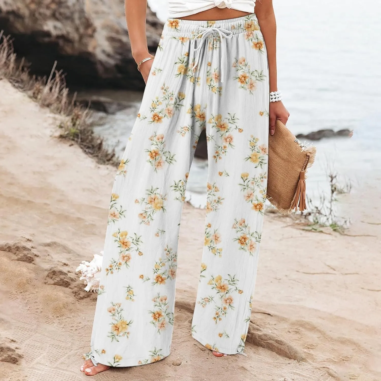 Women's Boho Floral Linen Pants 2025 Summer Boho Wide Leg High Waist Lounge Pant 2025 Beach Travel Vacation Outfits