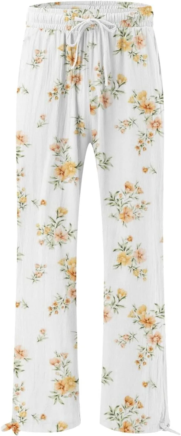 Women's Boho Floral Linen Pants 2025 Summer Boho Wide Leg High Waist Lounge Pant 2025 Beach Travel Vacation Outfits
