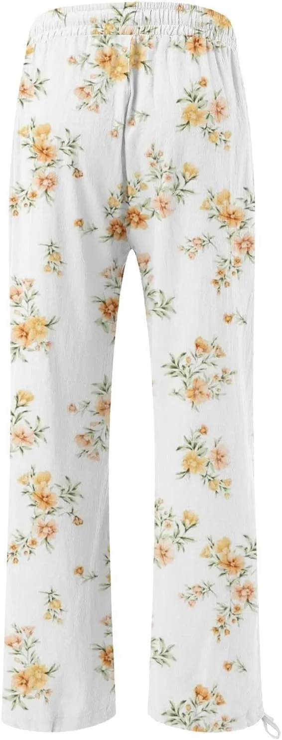 Women's Boho Floral Linen Pants 2025 Summer Boho Wide Leg High Waist Lounge Pant 2025 Beach Travel Vacation Outfits
