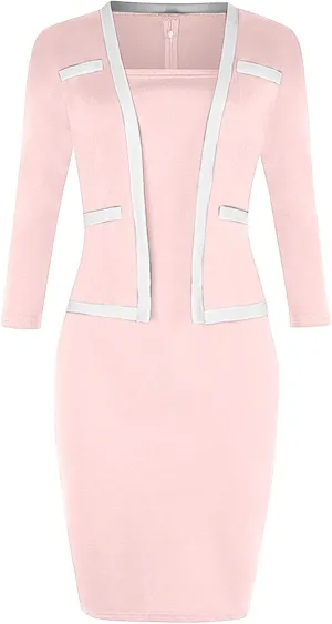 Women's Business Suit Dress Set Long Sleeve Blazer and Pencil Dress Formal Office Dresses