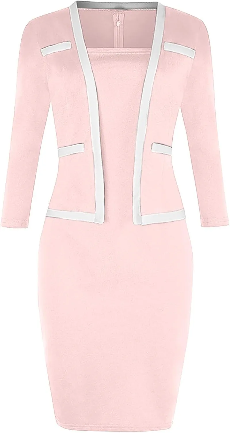 Women's Business Suit Dress Set Long Sleeve Blazer and Pencil Dress Formal Office Dresses