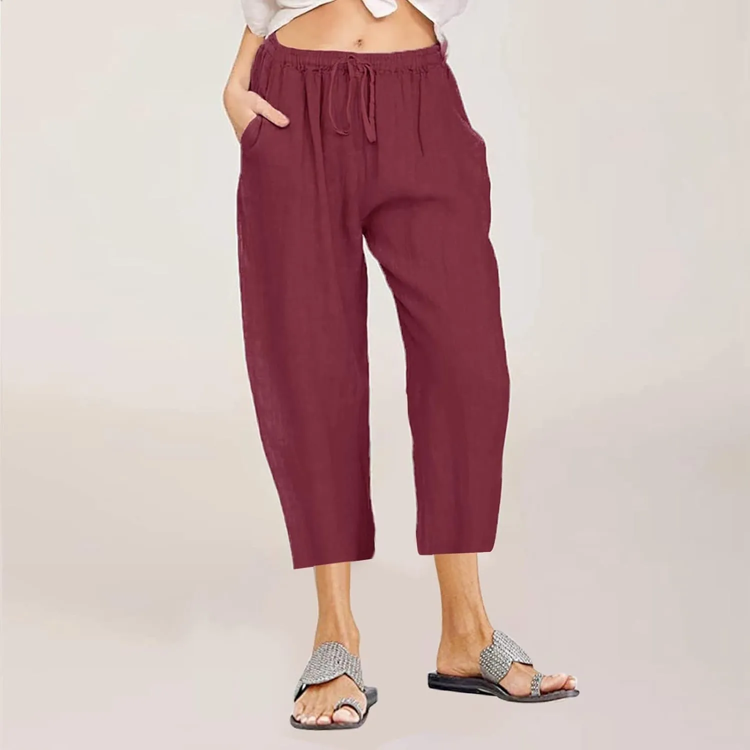 Women's Capri Pants Casual Summer Drawstring Waist Linen Pants with Pockets Lightweight Baggy Cropped Beach Trouser
