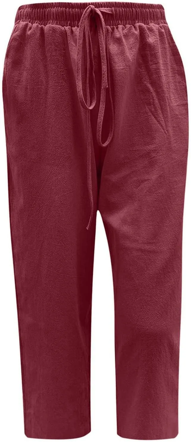 Women's Capri Pants Casual Summer Drawstring Waist Linen Pants with Pockets Lightweight Baggy Cropped Beach Trouser