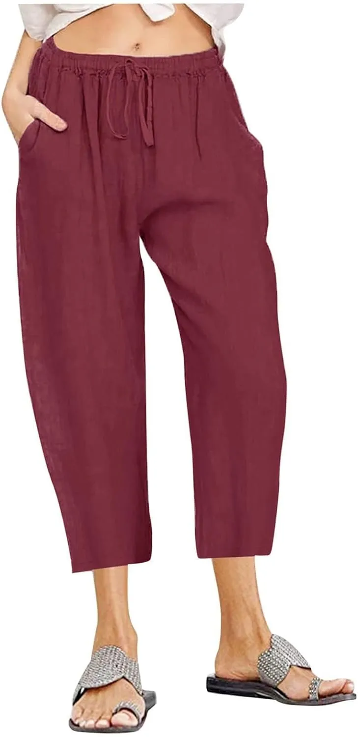 Women's Capri Pants Casual Summer Drawstring Waist Linen Pants with Pockets Lightweight Baggy Cropped Beach Trouser