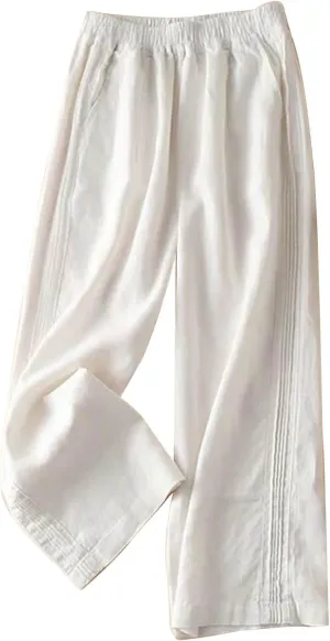 Women's Casual Cotton Linen Pants Lightweight Elastic Waist Long Pants Relax Fit Straight Leg Lounge Trousers Pocket