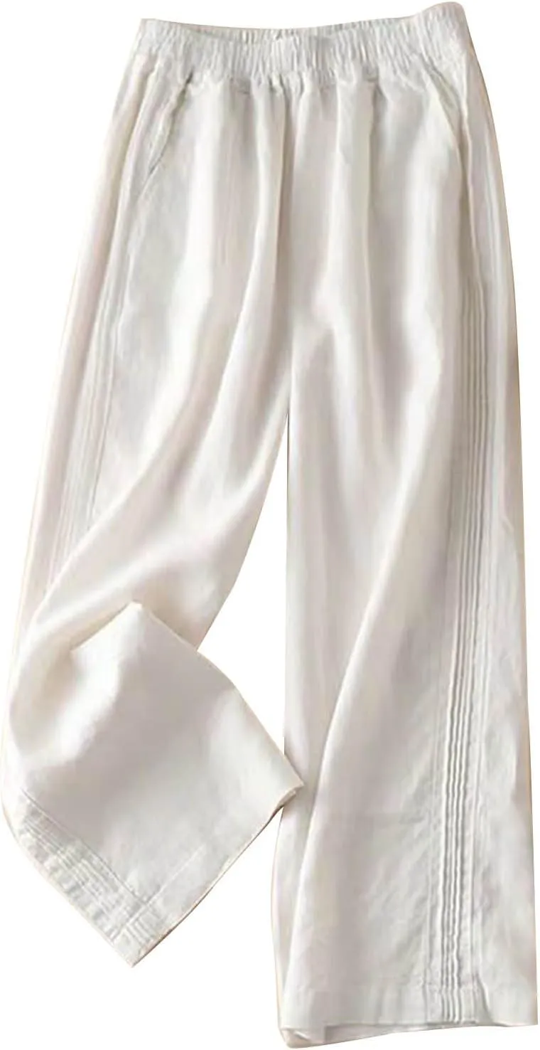 Women's Casual Cotton Linen Pants Lightweight Elastic Waist Long Pants Relax Fit Straight Leg Lounge Trousers Pocket