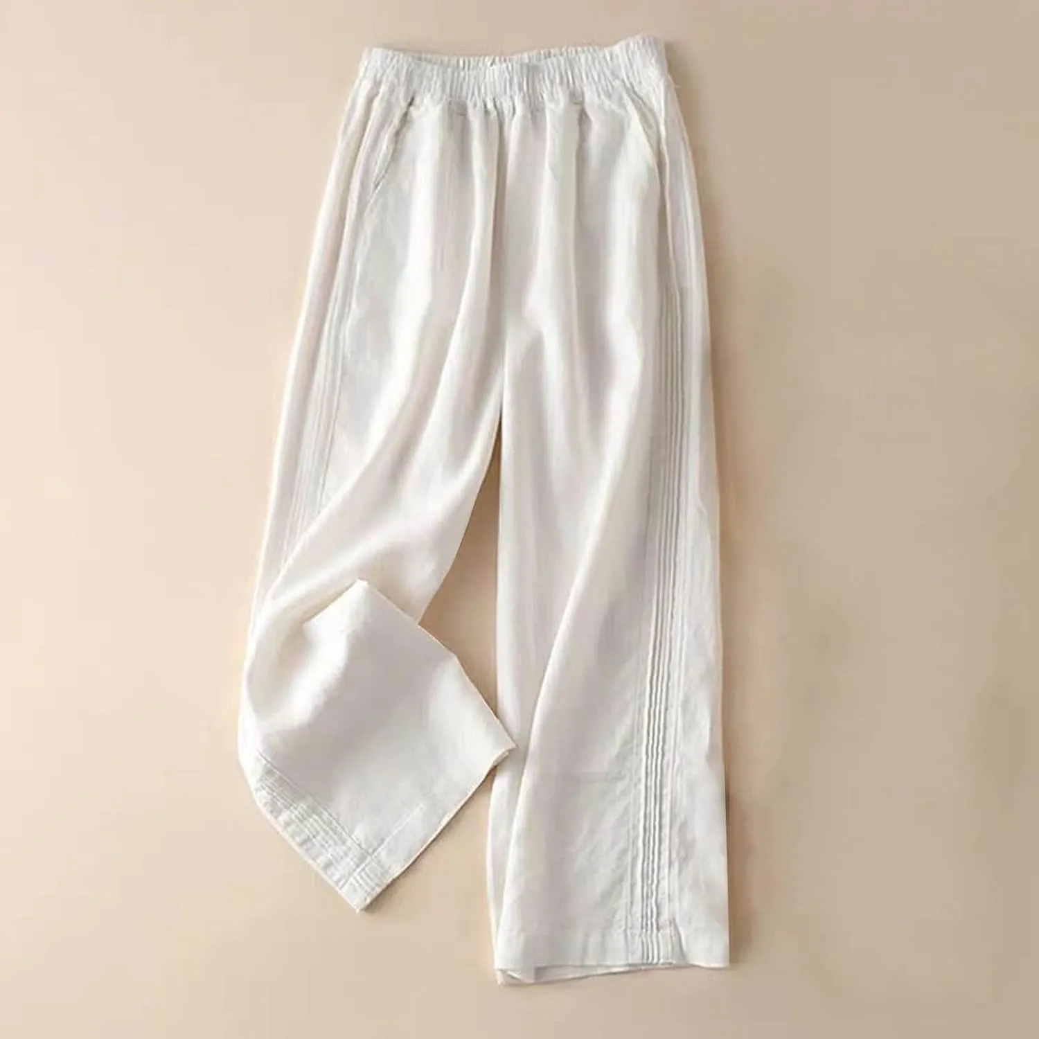 Women's Casual Cotton Linen Pants Lightweight Elastic Waist Long Pants Relax Fit Straight Leg Lounge Trousers Pocket